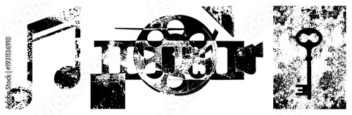 Distressed black musical note, film camera, antique key gritty texture, vector graphic, isolated symbols, stylized design, artistic composition.