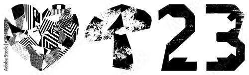 Abstract vector featuring heart, arrow, and numerals 23 with fragmented halftone, bold stencil style, graphic elements, ideal for modern branding or UI.