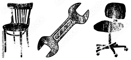 Set of three tools and furniture items rendered in distressed black and white vector style wooden chair, adjustable wrench, rolling office chair, ideal for repair or workspace themes.