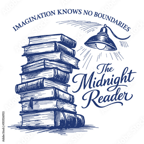 Vintage engraving line art t-shirt design vector illustration of stacked books and lamp with literary typography badge