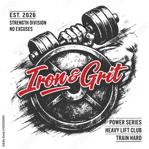 Bold vintage line art vector t-shirt design illustration of dumbbell and weight plate with iron grit gym typography badge