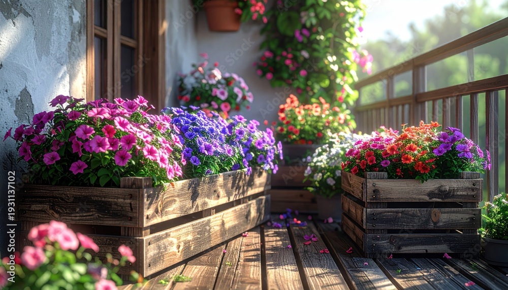Obraz premium Colorful Petunias in Wooden Planters Adorn a Sunny Balcony.