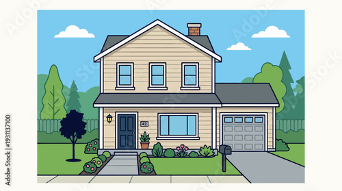 House vector illustration of tan twostory house on a lawn with trees. Perfect for real estate designs, property listings, and architectural concepts.