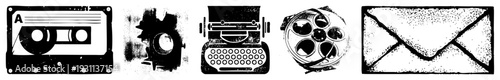 Classic analog symbols cassette tape, film reel, typewriter, envelope rendered in gritty halftone style, nostalgic tech artifacts, retro communication tools.