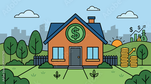 House cartoon with dollar sign for real estate investment growth, suitable for financial concepts in design projects or presentations.