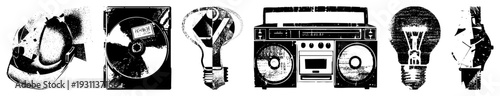 Vintage tech symbols like headphones, compact disc, incandescent bulb, boombox, wristwatch, stylized halftone vector art, digital nostalgia.