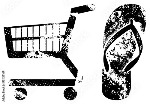 Graphic of shopping cart and flip flop with gritty texture, retail symbol, summer footwear, digital illustration, design, e commerce, beachwear symbol.