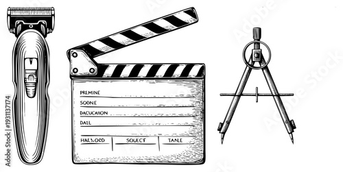 Electric razor, film clapperboard, drafting compass creative production, design, filmmaking, precision tools, artistic workflow, studio equipment, sketching instruments.
