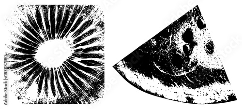 Graphic illustration of kiwi section with seeds and radiating seed, halftone texture, black and white vector art, isolated fruit design, stylized botanical motif.