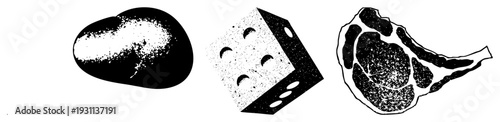 Halftone rendered potato, cheese block, and steak with speckled texture, isolated vector food, culinary symbols, black and white graphic design.