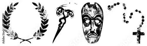 Collection of classic symbols laurel wreath for victory, dagger for danger, tribal mask for ritual, rosary for devotion, for faith all in distressed black vector style.