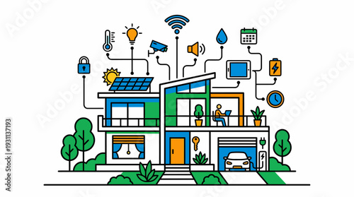 House vector illustration showcasing a modern smart home with integrated systems. Ideal for technology or real estate designs and concepts.