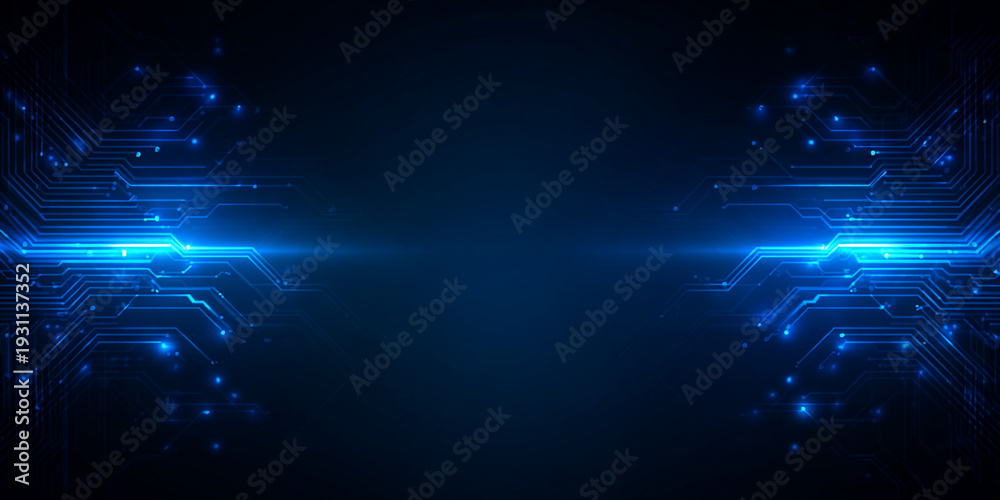 Fototapeta premium Technology background with glowing neon blue and turquoise electrical circuit patterns.