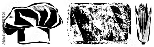Chef’s toque, stone slab, corn cob stylized black and white vector. Kitchen tools, rustic textures, agricultural symbols. Chef’s hat, stone block, ear of corn.