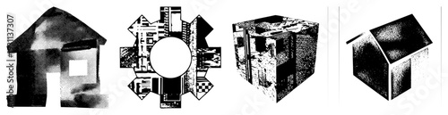 Four stylized geometric forms rendered in halftone, featuring house like, starburst, cube, and angular box shapes with textured shading and isolated foregrounds.