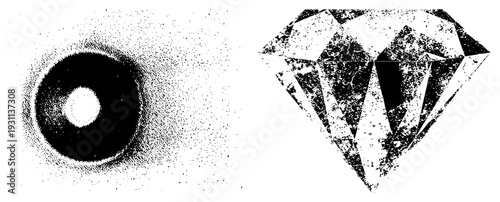 Black and white halftone eye with gradient dot density, geometric diamond cut with textured facets, vector art, isolated design elements.