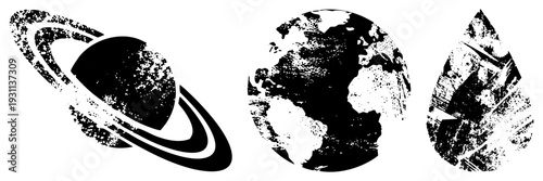 Saturn with rings, Earth globe, and water droplet rendered in distressed black and white vector art, ideal for eco or space themes.