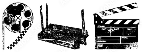 Vintage film reel with checkerboard tape, Wi Fi router with antennas, and clapperboard with handwritten fields all in distressed black and white vector style.