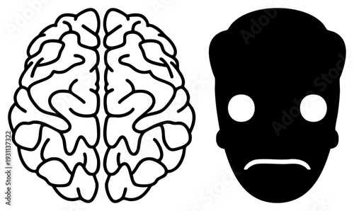 Simplified brain with frowning face, mental health concept, cognitive overload, emotional brain, psychological distress, thought process, mental exhaustion.