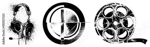 Black and white halftone vector over ear headphones, target, film reel. Retro graphic style, isolated elements for UI or branding., aim, cinema themes.