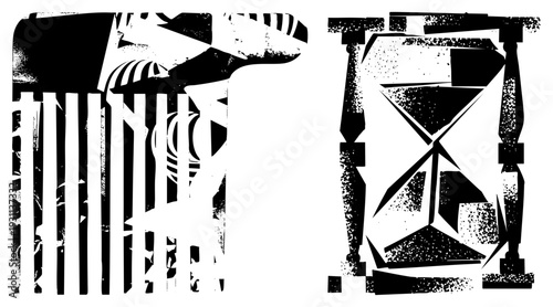 Geometric hourglass with granular texture beside stylized column monument, Art Deco vector graphic, black and white halftone design, isolated foreground elements.