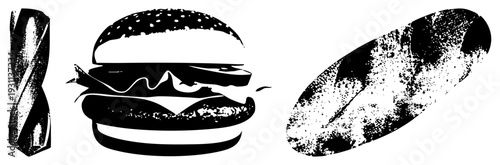 Halftone vector of burger, drill bit, and bread loaf, stylized with grainy texture, isolated food and tool graphics, design for print or web.
