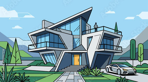 House vector modern homes with balcony view, person, car, and stylish design. Perfect for real estate promotions and cityscape illustrations.