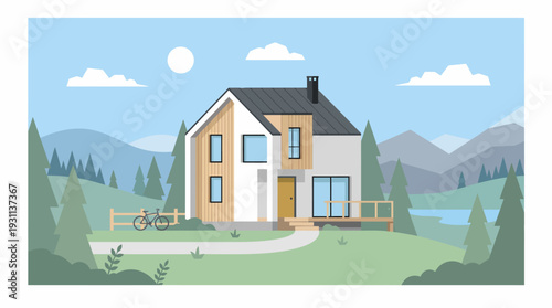 Modern home in calm hilly landscape vector suitable for real estate brochures, advertisements, architect portfolios, and website designs.