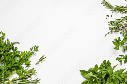 Composition with different herbs isolated on white background