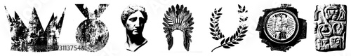 Grunge textured crown, bomb emblem, classical bust, feather headdress, laurel wreath, medallion, ancient seal historical rendered in high contrast vector art.