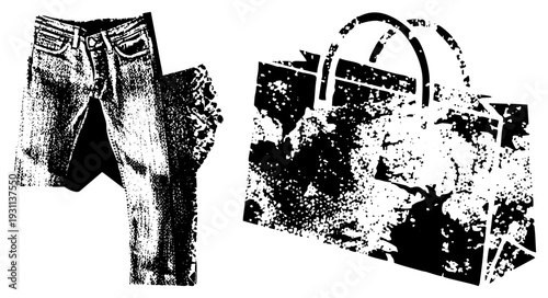 Vintage style jeans with frayed hem, halftone texture, paired with a textured tote bag, both in, ideal for fashion or retail design.