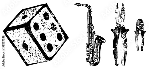Black and white vector art featuring a dice, saxophone, pliers, and wire cutters with distressed texture, ideal for music, gaming, or DIY themes.