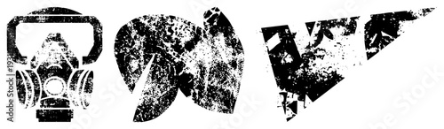 Distressed black and white of gas mask, gloves, and hazard sign with gritty texture, safety symbols, industrial protection, hazard communication, vector graphic.
