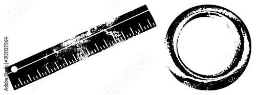 Weathered ruler with measurement markings and circular ring, both in high contrast black and white, isolated vector design, halftone texture, graphic illustration.