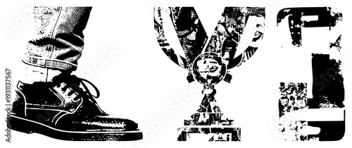 Vector halftone illustration featuring boot, trophy, and stylized letterforms, gritty texture, black and white, graphic design, isolated elements.