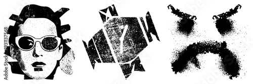 Retro fashion portrait with bold sunglasses, stylized hair, halftone texture, graphic art, pop art influence, design.