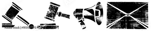 Distressed black and white vector gavel for law, megaphone for announcement, envelope for mail all with halftone texture and gritty aesthetic.