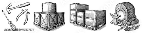 Set of classic hand tools like hammer and pliers, wooden crates with metal straps, industrial storage units, and forge with anvil and tongs all in detailed art.