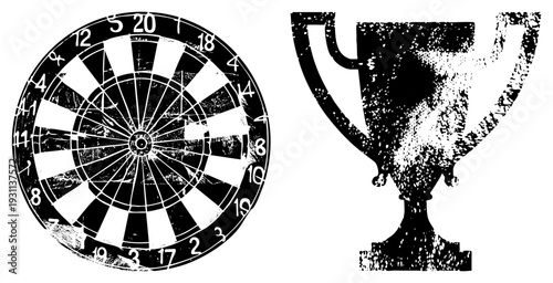 Classic dartboard with numbered segments and bullseye, trophy cup symbolizing achievement, both in gritty stencil style, ideal for sports and gaming themes.