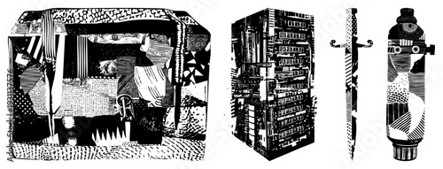 Black and white vector illustration with geometric forms, halftone, and stylized textures. Artistic composition of shapes,, and in a graphic design style.