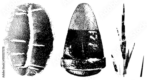 Vintage halftone print of sports ball, ammunition, and writing tool, graphic, retro engraving style, artistic vector design.