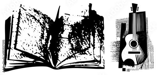 Vintage style open book with splattered ink pages and acoustic guitar, halftone texture, artistic illustration, educational or musical theme, black and white vector.