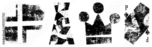 Four card suits rendered in gritty halftone style spades,, clubs, diamonds. Abstract textured vector graphics with worn edges and grainy.