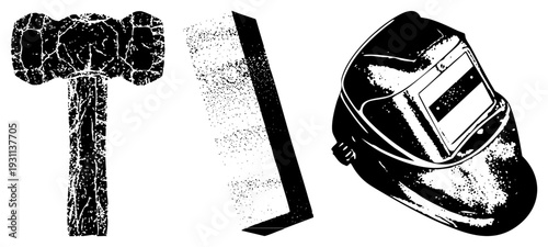 Black and white halftone graphic of sledgehammer, chisel, and welding helmet classic workshop tools rendered in gritty texture style, ideal for mechanical or construction themes.