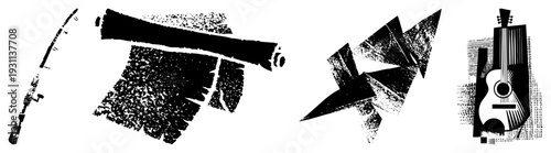 Geometric fragmented forms, halftone textures, stylized vector art, graphic design elements, composition, isolated shapes, modern art motifs.