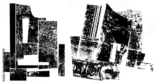 Stylized fragmented forms with grainy halftone effect, graphic design elements, vector art, modern minimalist composition, aesthetic.
