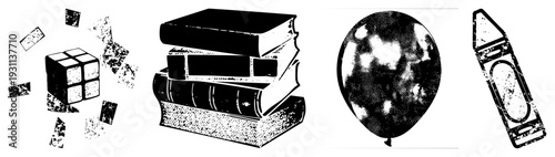 Puzzle cube breaking apart, classic book stack, inflated balloon, crayon box, halftone style, educational and playful objects.