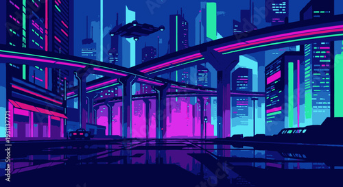 Futuristic Cityscape with Neon Lights and Skyscrapers.