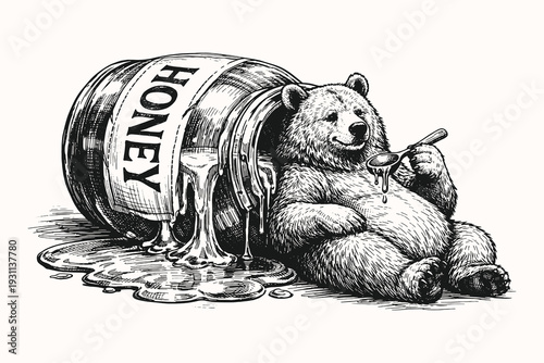 Vintage engraving line art vector illustration of a cute bear sitting with a honey barrel, detailed black and white woodland animal sketch