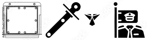 Police badge, uniform silhouette, anchor symbol, framed graphic, security emblem, law enforcement, flat vector design.